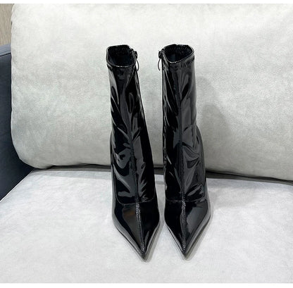 Knee-High Pointy Toe Women Boots 13cm Ultra Thin Steel High Heels Metal Heel Patent Leather Wide Calf Boots for Women Plus Size NovaCart