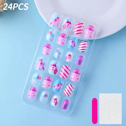 24Pcs/box Kids nails for Girl Cartoon Pattern False Nail Cute Child Fake Nails Tips Kawaii Acrylic Artificial Press on Nail+Tool NovaCart