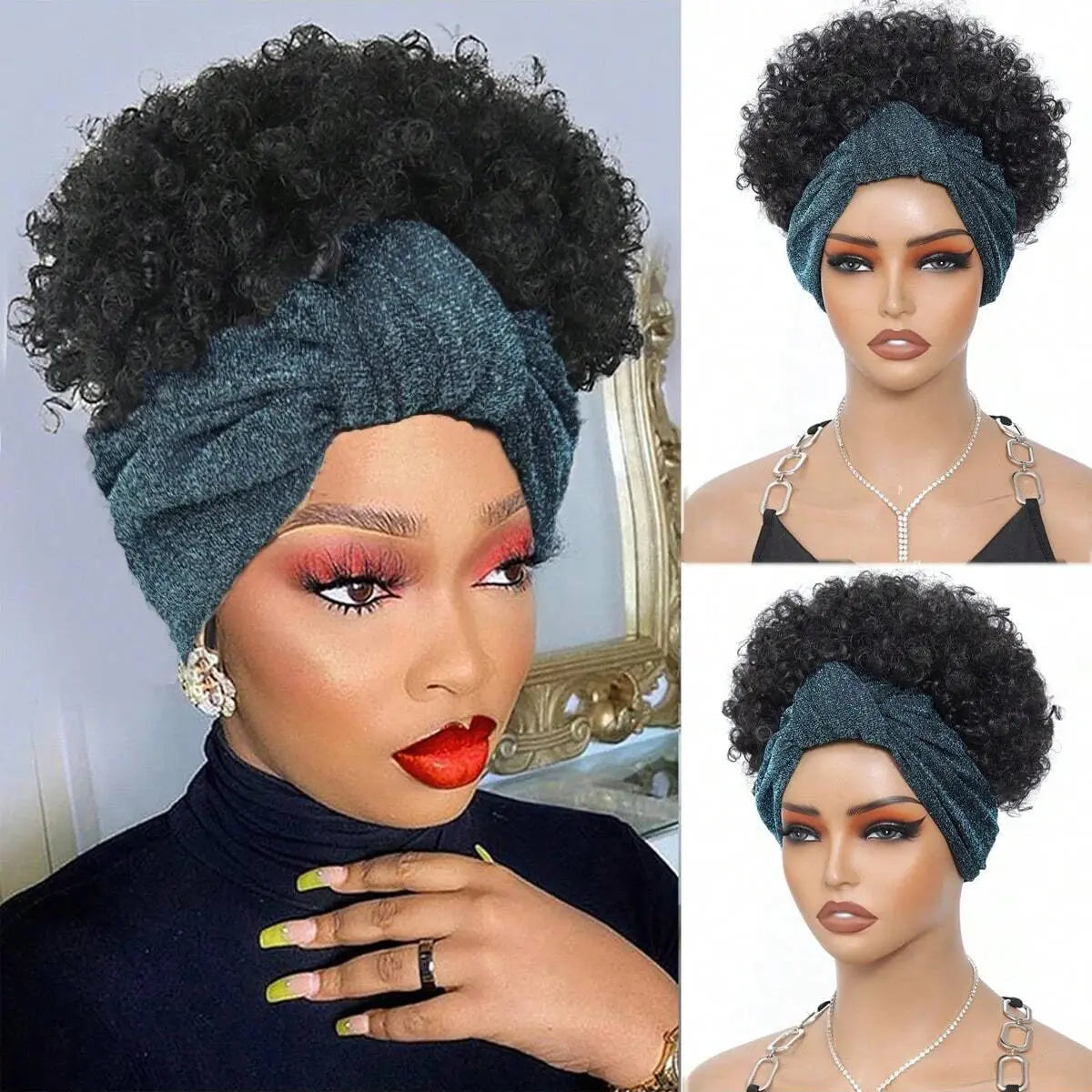 Black Headband Wigs For Women Afro Kinky Curly Wig With Synthetic Short Hair Wigs With Headband Attached Headwrap Wigs NovaCart