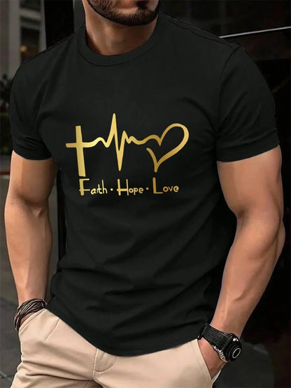 Men's Summer 100% Cotton Fashionable Casual Loose Large Size FAITH HOPE LOVE Printed Sports Round Neck Short Sleeve T-shirt Top NovaCart