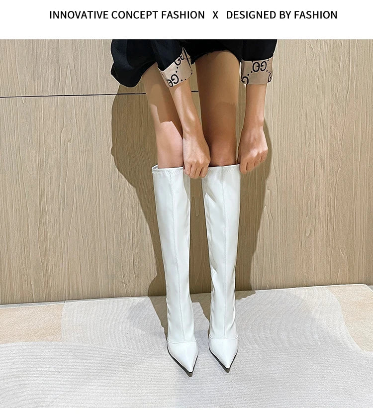 Knee-High Pointy Toe Women Boots 13cm Ultra Thin Steel High Heels Metal Heel Patent Leather Wide Calf Boots for Women Plus Size NovaCart