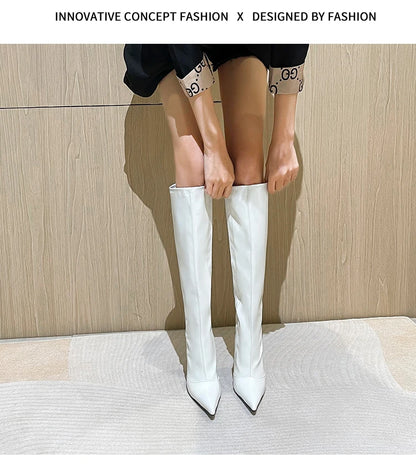 Knee-High Pointy Toe Women Boots 13cm Ultra Thin Steel High Heels Metal Heel Patent Leather Wide Calf Boots for Women Plus Size NovaCart