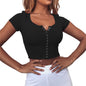 Women clothes Ladies Button Square Neck Tops Short Sleeve square collar pullover T-shirts