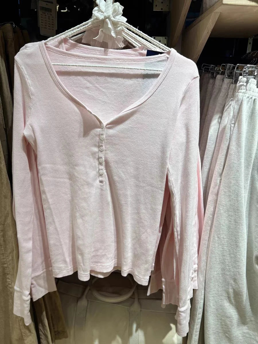 Six Buttons Ribbed Long Sleeve T-shirts Women Spring Round Neck Cotton Slim Tee Top Female Sweet Cute Pink Tshirt Y2k Tops New NovaCart