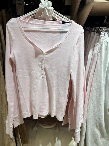 Six Buttons Ribbed Long Sleeve T-shirts Women Spring Round Neck Cotton Slim Tee Top Female Sweet Cute Pink Tshirt Y2k Tops New NovaCart
