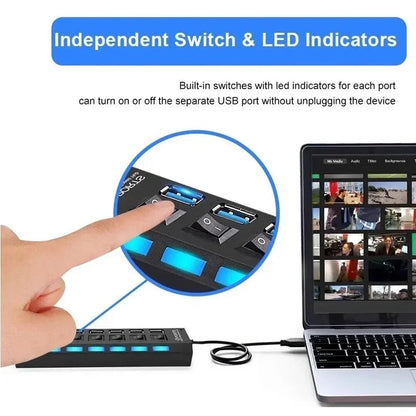 USB Hub 7 Port Multi USB Splitter Power Adapter Multiple Expander With On Off Switch For PC Laptop MacBook Accessories Pi-Mart