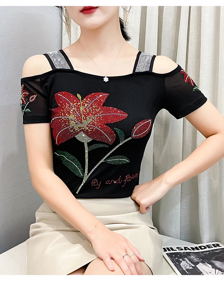 Women's Clothes New Design Sexy Off Shoulder Shiny Diamonds T-Shirts Luxury Brand Mesh Tees Tops Blouse Shirt NovaCart