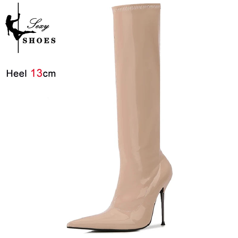 Knee-High Pointy Toe Women Boots 13cm Ultra Thin Steel High Heels Metal Heel Patent Leather Wide Calf Boots for Women Plus Size NovaCart