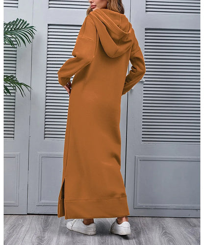 Hoodies Dress For Women Fashion 2025 Hem Lace-up Midi Robe Hooded Long Dress Autumn Winter Warm Casual Loose Sweatshirt Vestidos NovaCart