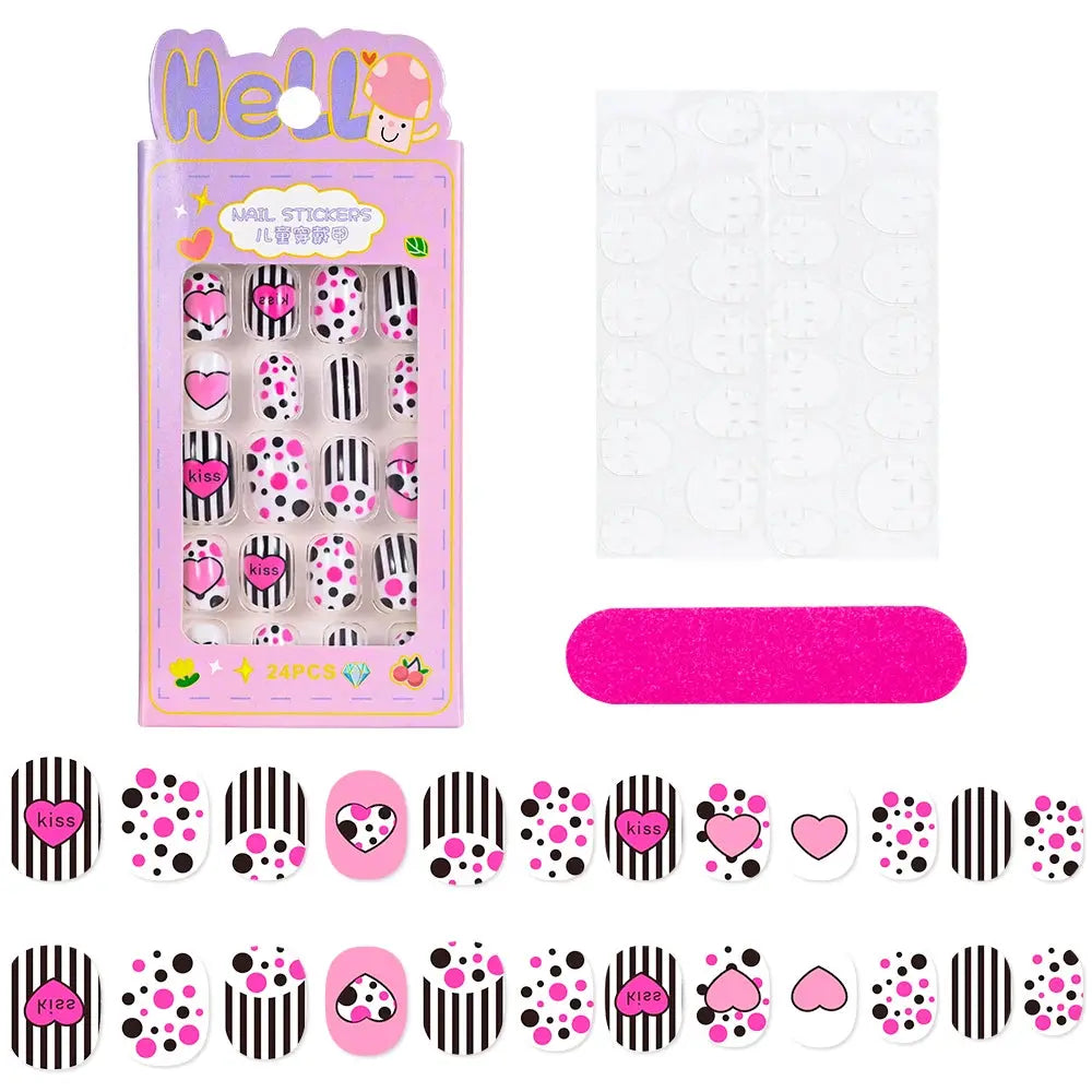 24Pcs/box Kids nails for Girl Cartoon Pattern False Nail Cute Child Fake Nails Tips Kawaii Acrylic Artificial Press on Nail+Tool NovaCart