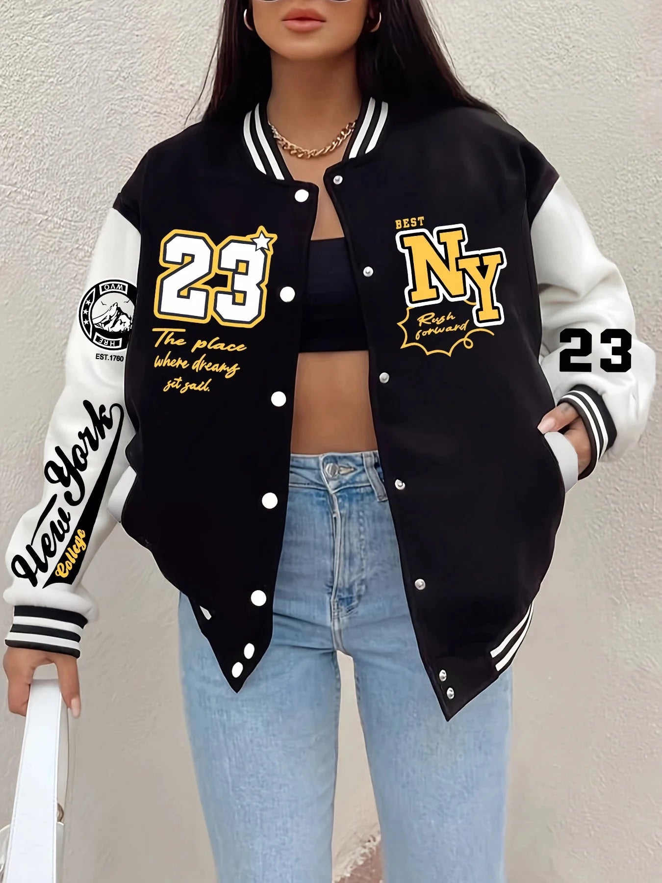 New York “23” Letter Printed Baseball Jacket Women FitiqueFit