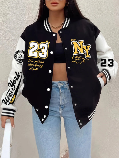 New York “23” Letter Printed Baseball Jacket Women FitiqueFit