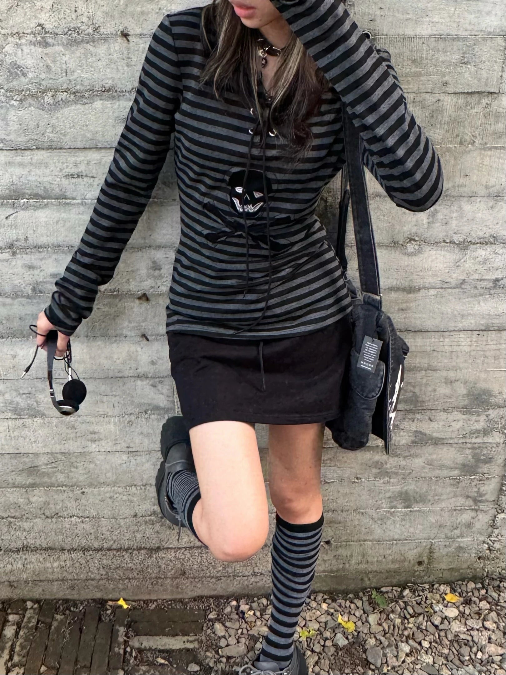 Tonngirls Gothic Retro T-shirt Women Lace Up Striped Casual Shirt Y2k Vintage Print Graphic Tops Streetwear american Grunge Tops NovaCart