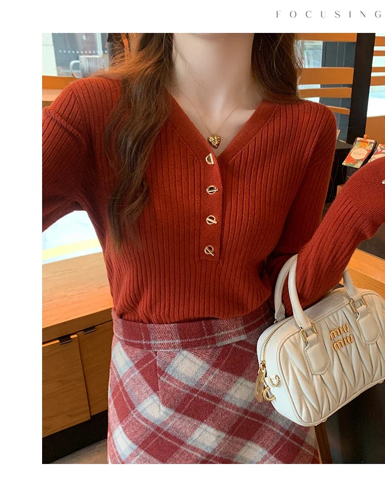 Sweaters Casual Slim Button Knitted Pullover Sweater