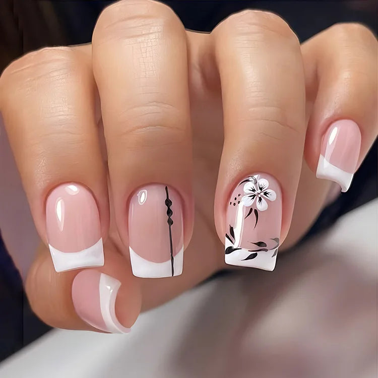 24Pcs Short Square Coffin False Nails Square Fake Nails with Glue French Glitter Wearable Acrylic Nails Set Press on Nail Tips NovaCart