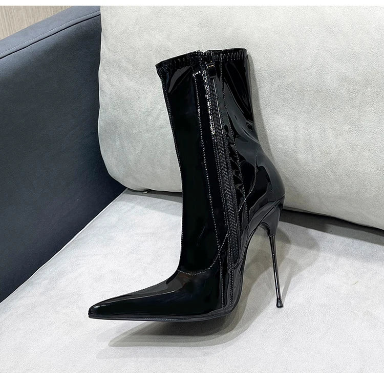Knee-High Pointy Toe Women Boots 13cm Ultra Thin Steel High Heels Metal Heel Patent Leather Wide Calf Boots for Women Plus Size NovaCart