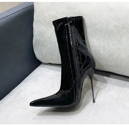 Knee-High Pointy Toe Women Boots 13cm Ultra Thin Steel High Heels Metal Heel Patent Leather Wide Calf Boots for Women Plus Size NovaCart