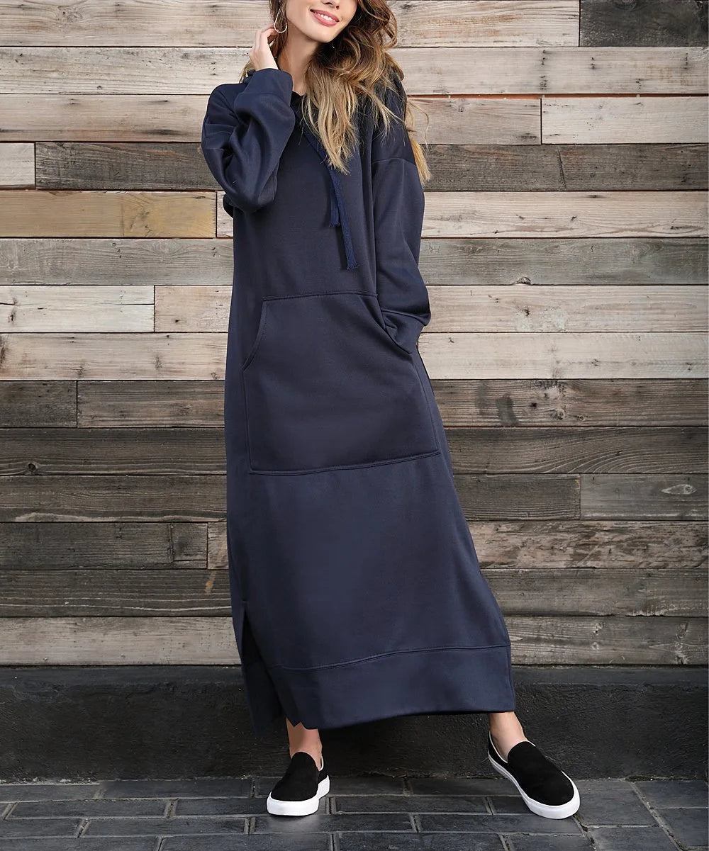 Hoodies Dress For Women Fashion 2025 Hem Lace-up Midi Robe Hooded Long Dress Autumn Winter Warm Casual Loose Sweatshirt Vestidos NovaCart