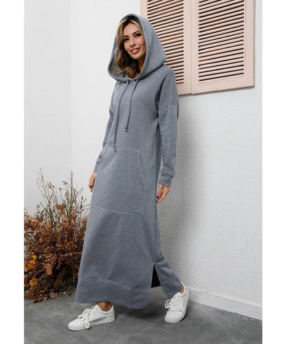 Hoodies Dress For Women Fashion 2025 Hem Lace-up Midi Robe Hooded Long Dress Autumn Winter Warm Casual Loose Sweatshirt Vestidos NovaCart