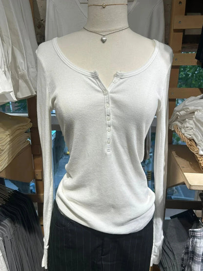 Six Buttons Ribbed Long Sleeve T-shirts Women Spring Round Neck Cotton Slim Tee Top Female Sweet Cute Pink Tshirt Y2k Tops New NovaCart