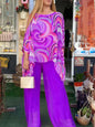Print Chiffon Two Piece Set Women O Neck Long Sleeve Top Wide Leg Pants