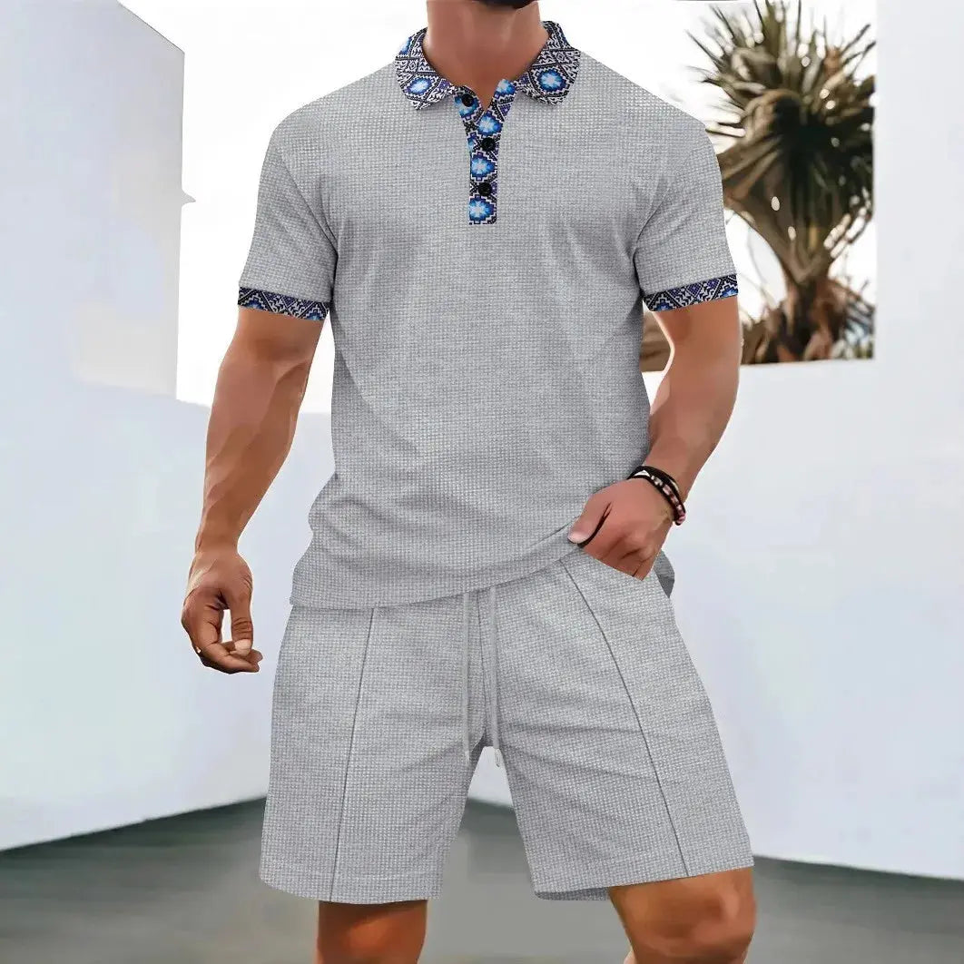 2025 Men Europe and the United States new summer Waffle solid color zip-up lapel short-sleeve suit shorts two sets NovaCart