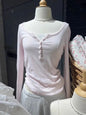 Six Buttons Ribbed Long Sleeve T-shirts Women Spring Round Neck Cotton Slim Tee Top Female Sweet Cute Pink Tshirt Y2k Tops New NovaCart
