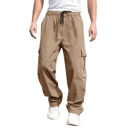 Men s Loose Cargo Long Pants Solid Color Drawstring Waist Straight Leg Trousers Casual Work Pants with Pockets NovaCart