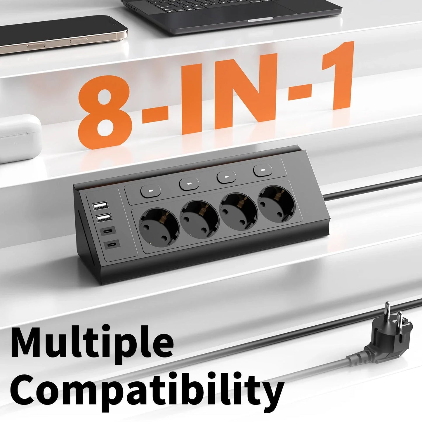 EU desktop corner power strip, a power strip with multiple switches independently controlling the outlets, extension cord power Pi-Mart