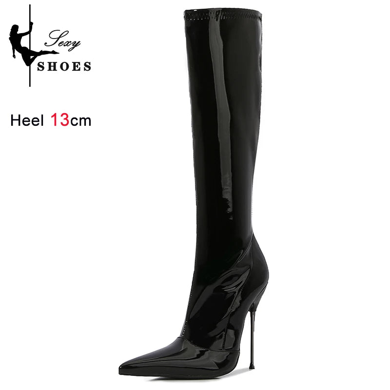 Knee-High Pointy Toe Women Boots 13cm Ultra Thin Steel High Heels Metal Heel Patent Leather Wide Calf Boots for Women Plus Size NovaCart