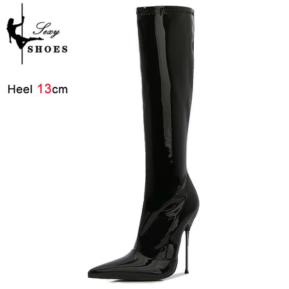 Knee-High Pointy Toe Women Boots 13cm Ultra Thin Steel High Heels Metal Heel Patent Leather Wide Calf Boots for Women Plus Size NovaCart