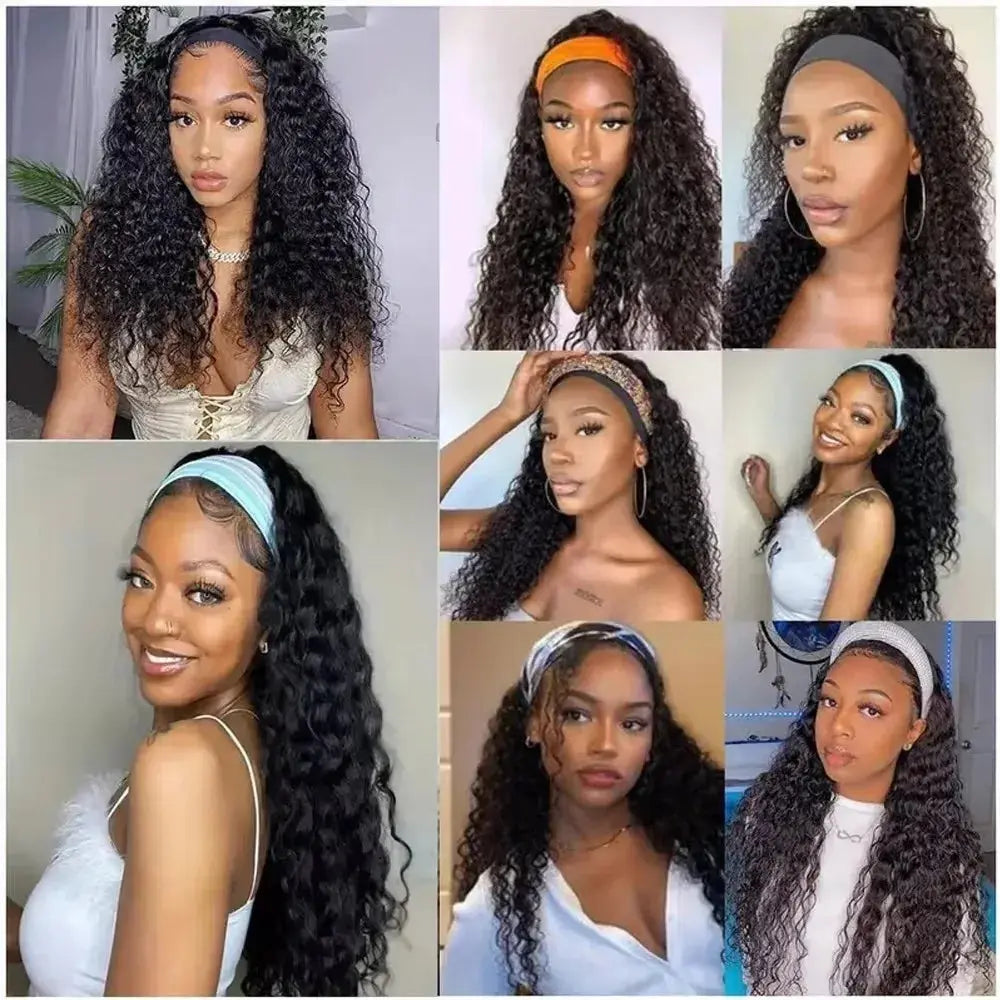 Deep Wave Headband Wig Human Hair 200% Density Wigs For Women 100% Real Hair Wigs Full Machine Made Wigs Natural Black Hair NovaCart