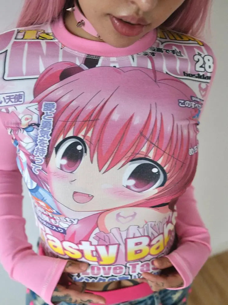 Deeptown Harajuku Kawaii Anime Graphic T Shirts Women Cutecore Cartoon Patchwork Tees Y2K Aesthetic Slim Crop Top Japanese 2000s NovaCart