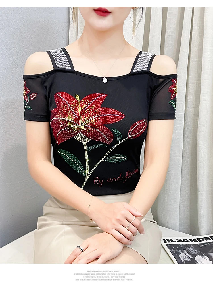 Women's Clothes New Design Sexy Off Shoulder Shiny Diamonds T-Shirts Luxury Brand Mesh Tees Tops Blouse Shirt NovaCart