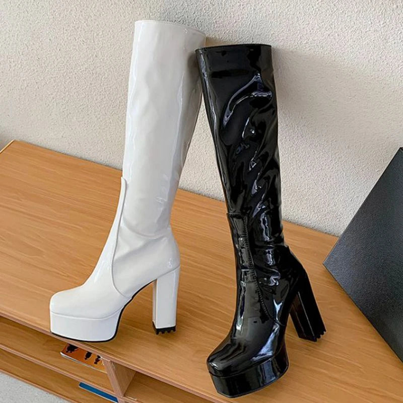 SIMLOVEYO Platform Knee High Boots Toe Block Heels Rubber Size 34-43 Black White Blue S2729 NovaCart