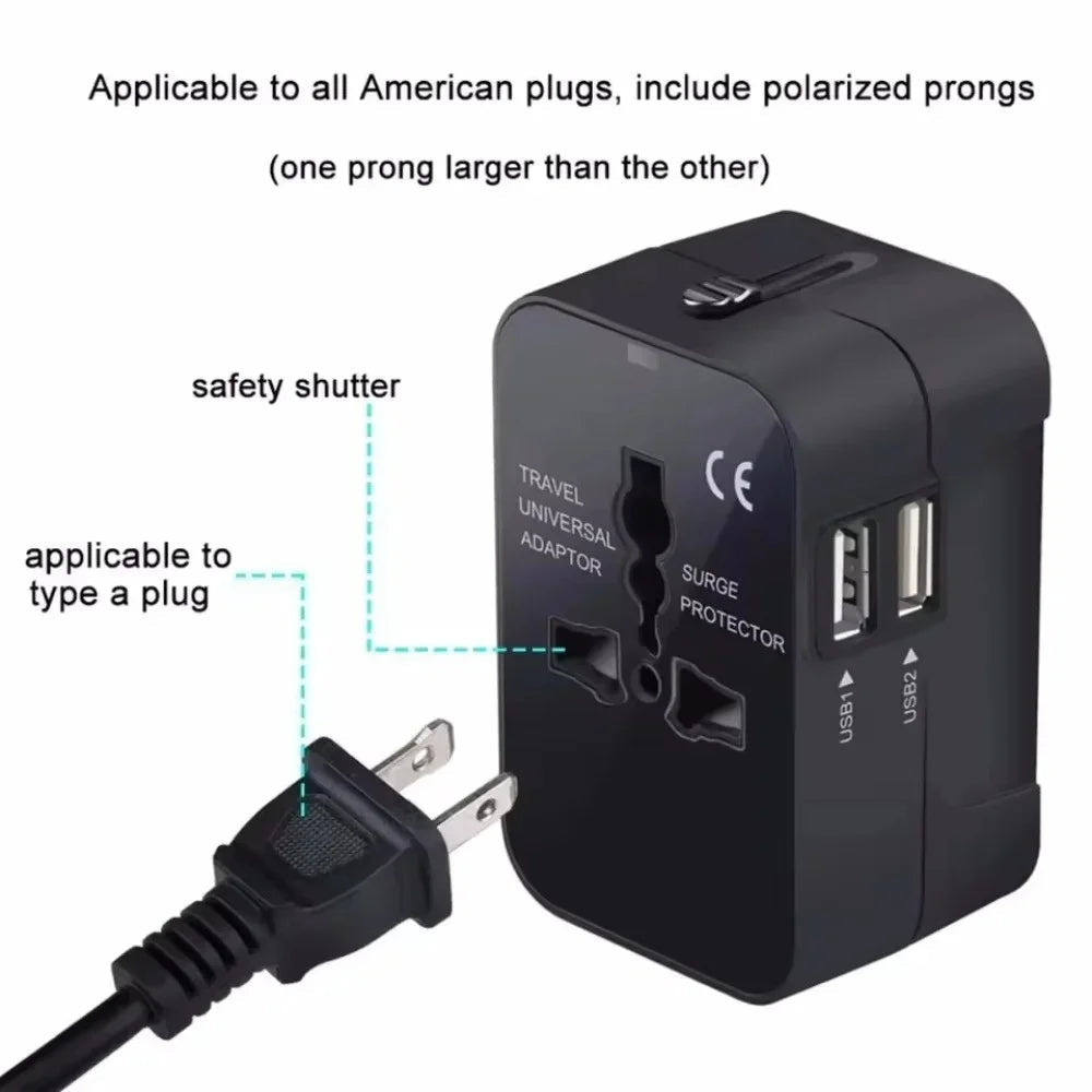 International Travel Plug Adapter EU US UK AU to Universal AC Power Converter Socket with 2 USB Ports Safety Shutter Locking Pi-Mart