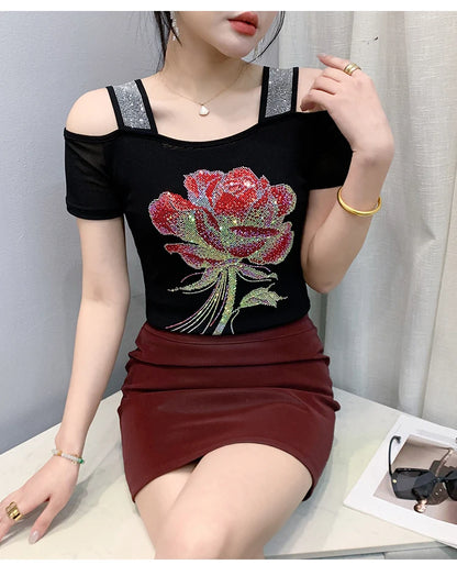 M-3XL Summer European Women's Clothes High Quality T-Shirt Luxury Hot Diamonds Design Slim Tees Sexy Girls Streetwear Tops NovaCart