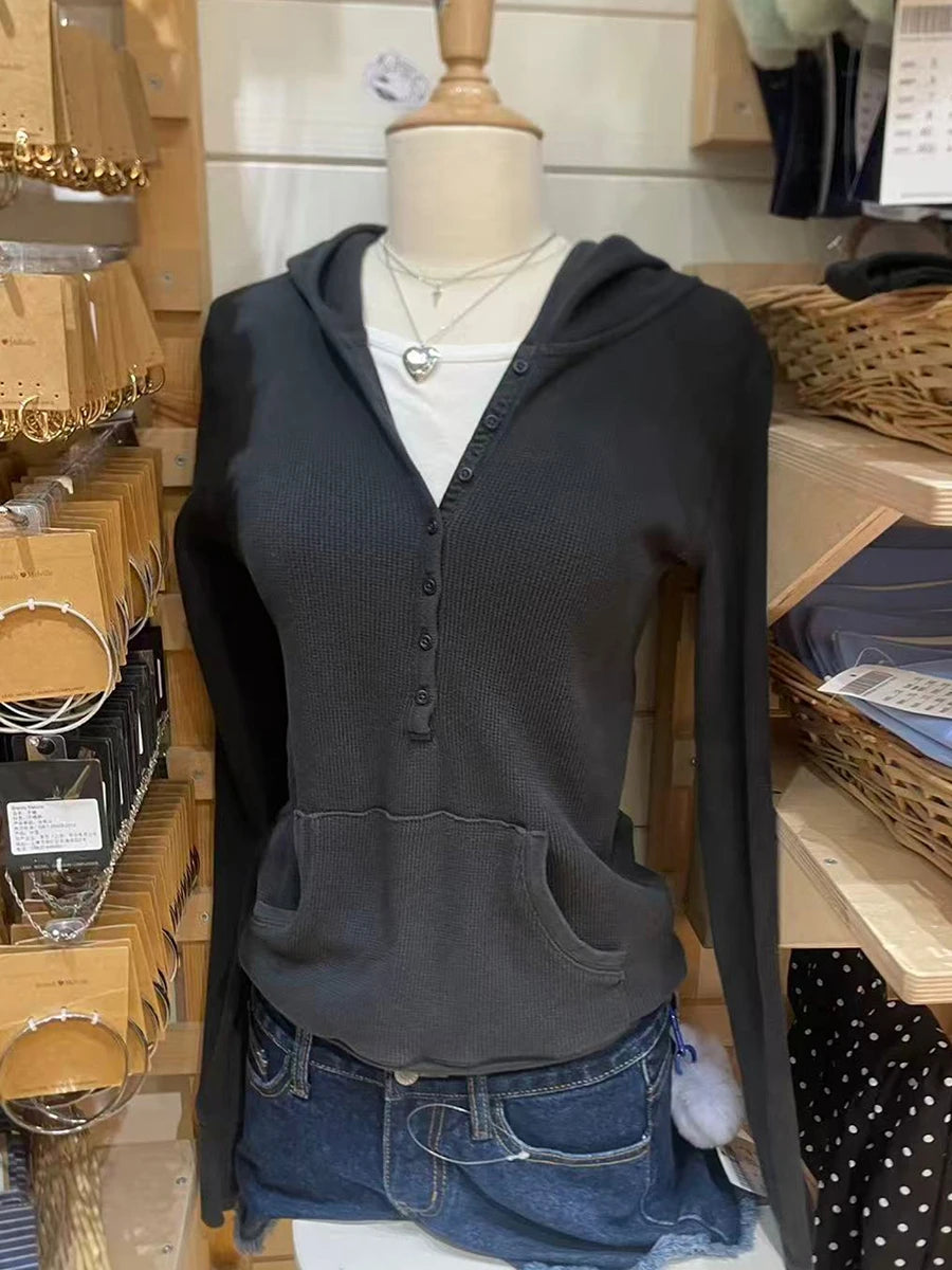 Gray Striped Waffle Hooded T-shirt Women Five  Button CottonSlim Long Sleeve Tee Shirt Casual Preppy Style Vintage Tshirt Y2k NovaCart