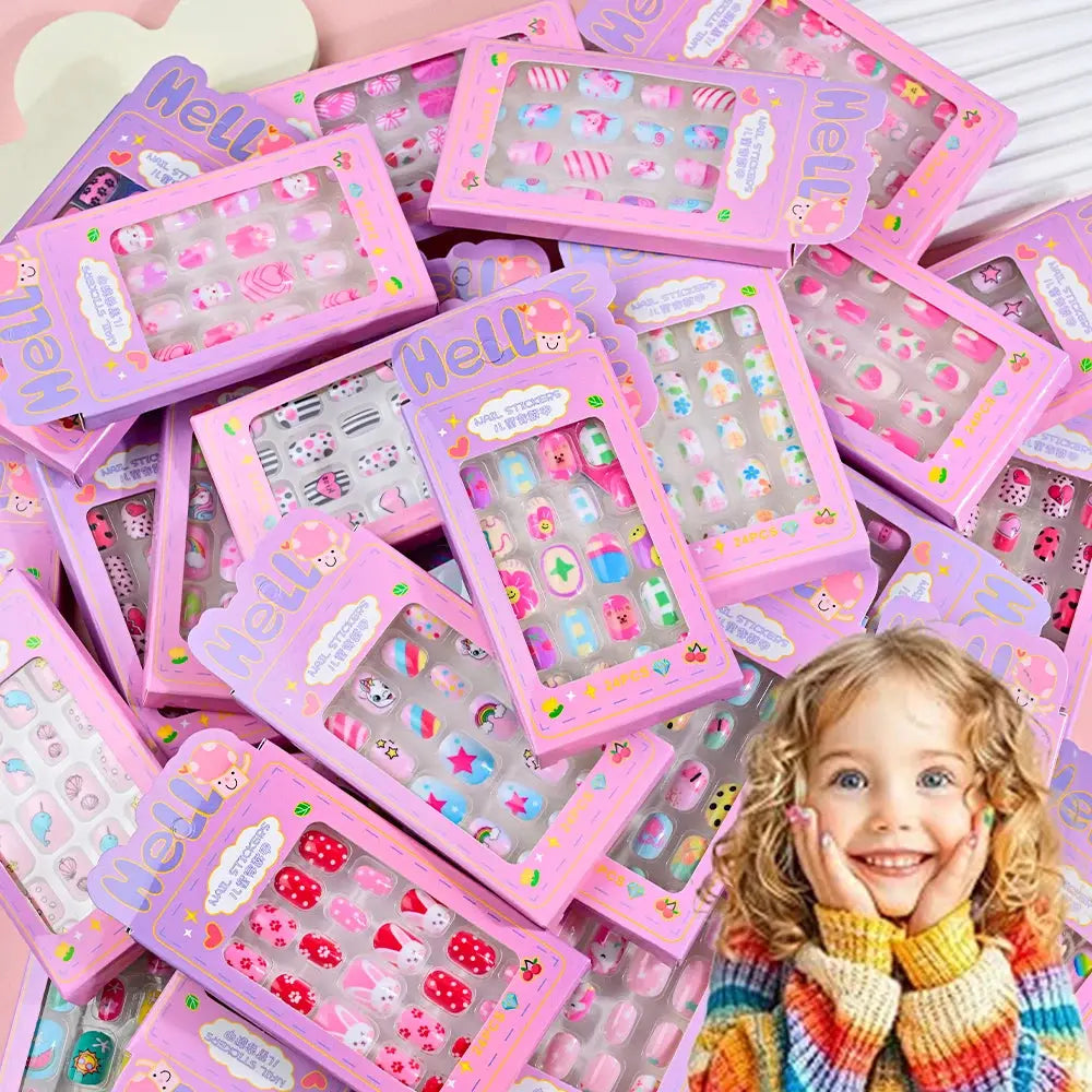 24Pcs/box Kids nails for Girl Cartoon Pattern False Nail Cute Child Fake Nails Tips Kawaii Acrylic Artificial Press on Nail+Tool NovaCart