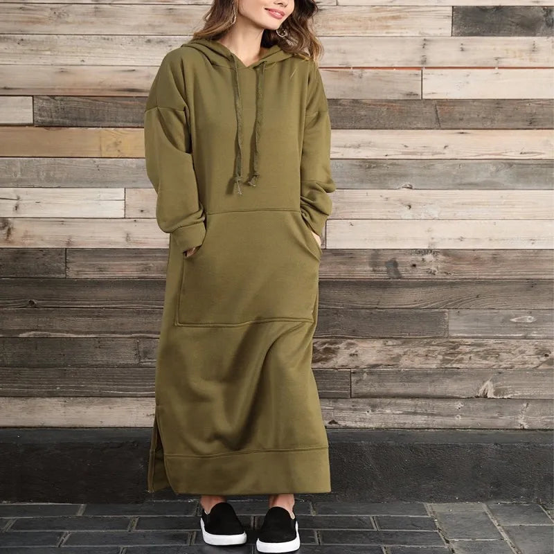 Hoodies Dress For Women Fashion 2025 Hem Lace-up Midi Robe Hooded Long Dress Autumn Winter Warm Casual Loose Sweatshirt Vestidos NovaCart