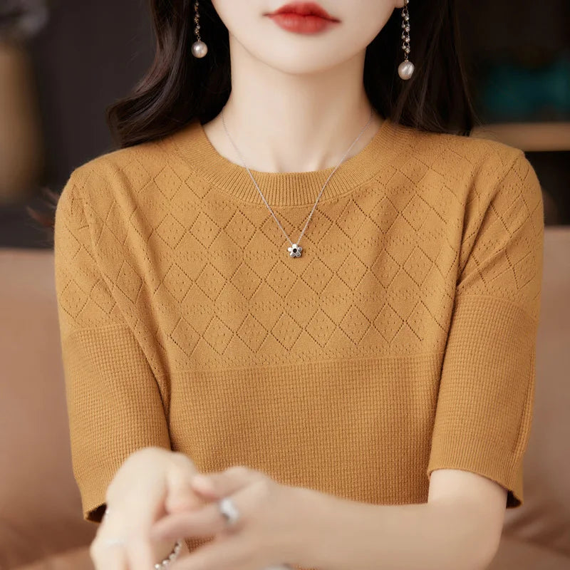 Summer Thin Knitted T Shirts for Women Casual Tees Ladies Fashion Blusas Harajuku T-Shirts Ropa Mujer Elegant Tops Woman Clothes NovaCart