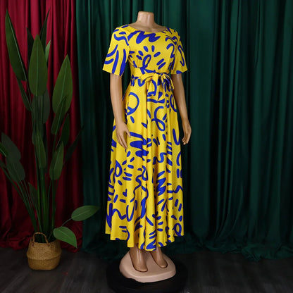 Printed Belted Dress Elegant  Knee-Length Round Neck Short Sleeve Dress