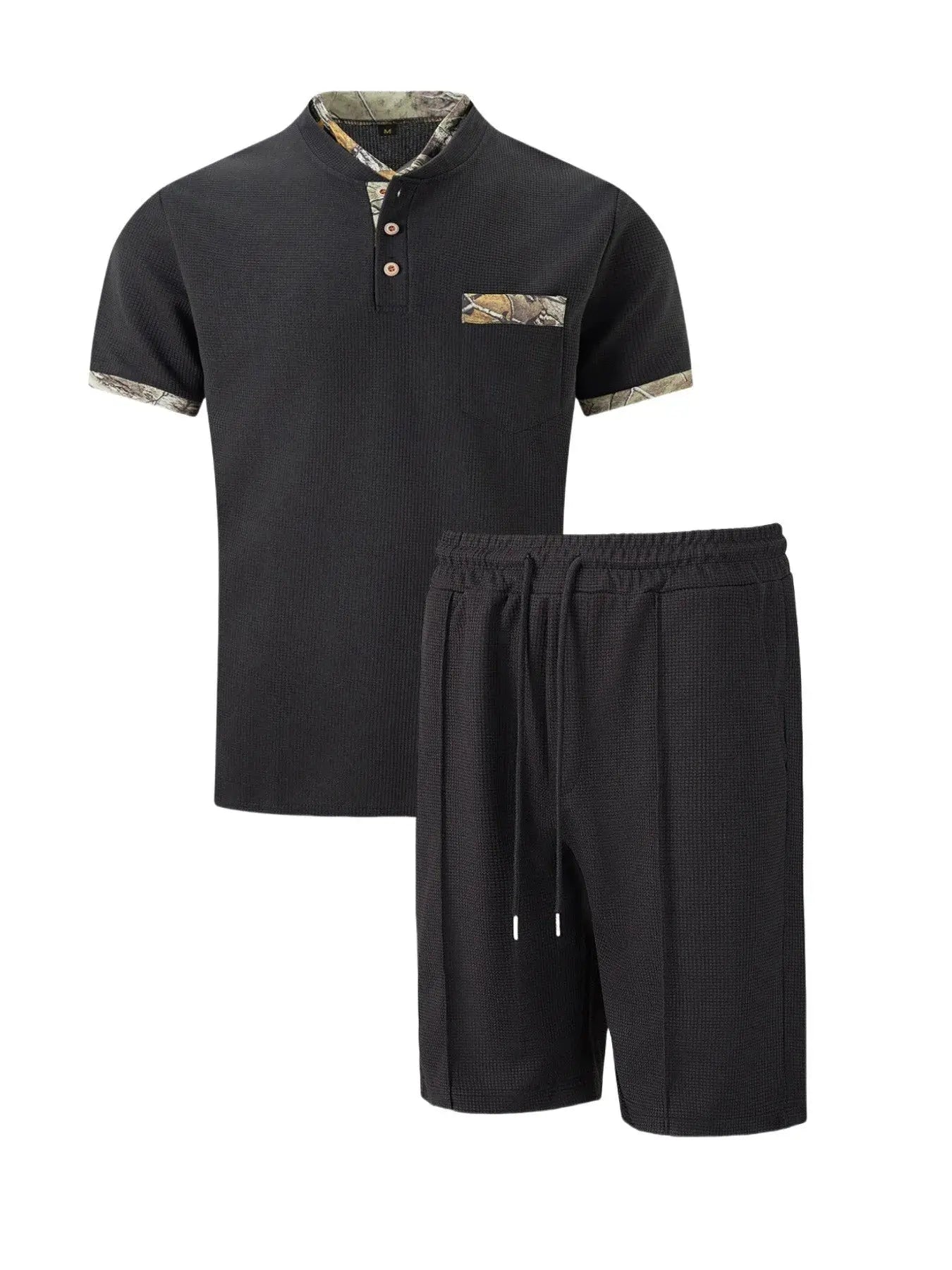 2025 Men Europe and the United States new summer Waffle solid color zip-up lapel short-sleeve suit shorts two sets NovaCart