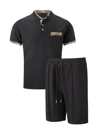 2025 Men Europe and the United States new summer Waffle solid color zip-up lapel short-sleeve suit shorts two sets NovaCart