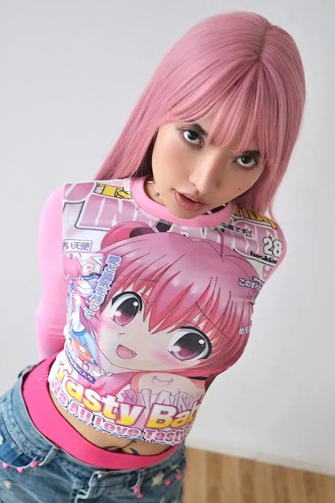 Deeptown Harajuku Kawaii Anime Graphic T Shirts Women Cutecore Cartoon Patchwork Tees Y2K Aesthetic Slim Crop Top Japanese 2000s NovaCart