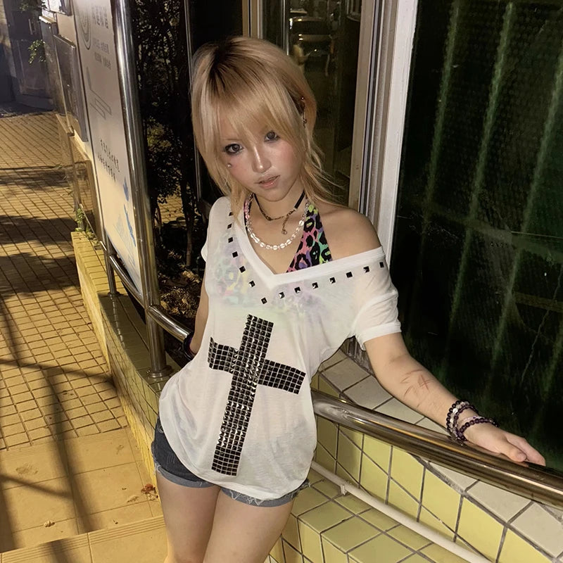 Karrram Japanese Y2k Metal Cross Print T-shirt Vintage Harajuku Short Sleeve Sheer Tops Trashy 2000s V-neck Streetwear Grunge NovaCart