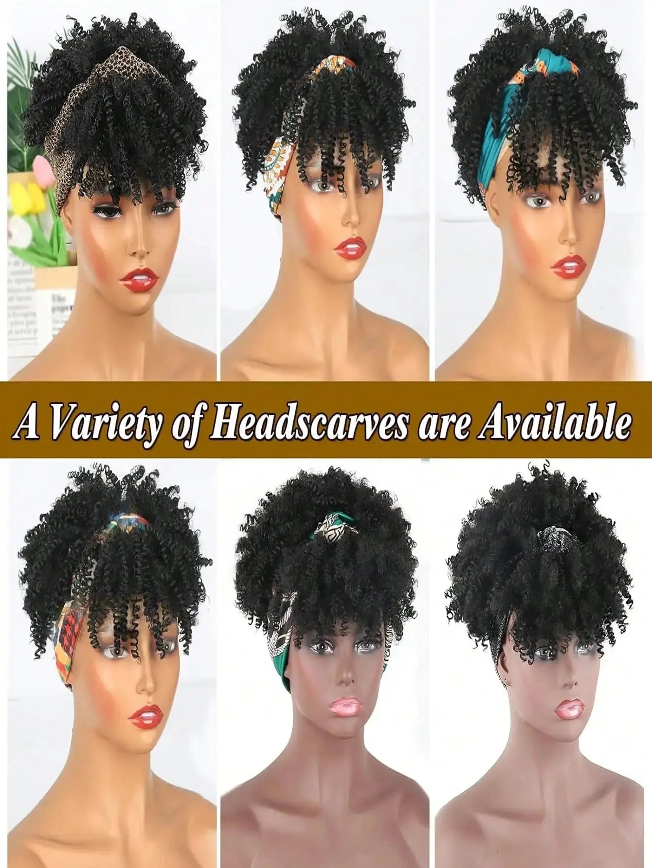 Headband Wigs for Synthetic Short Afro Kinky Curly Wigs Dark Brown Wig with Bangs Wrap Wigs 2 in 1 synthetic Wig Drawstring NovaCart