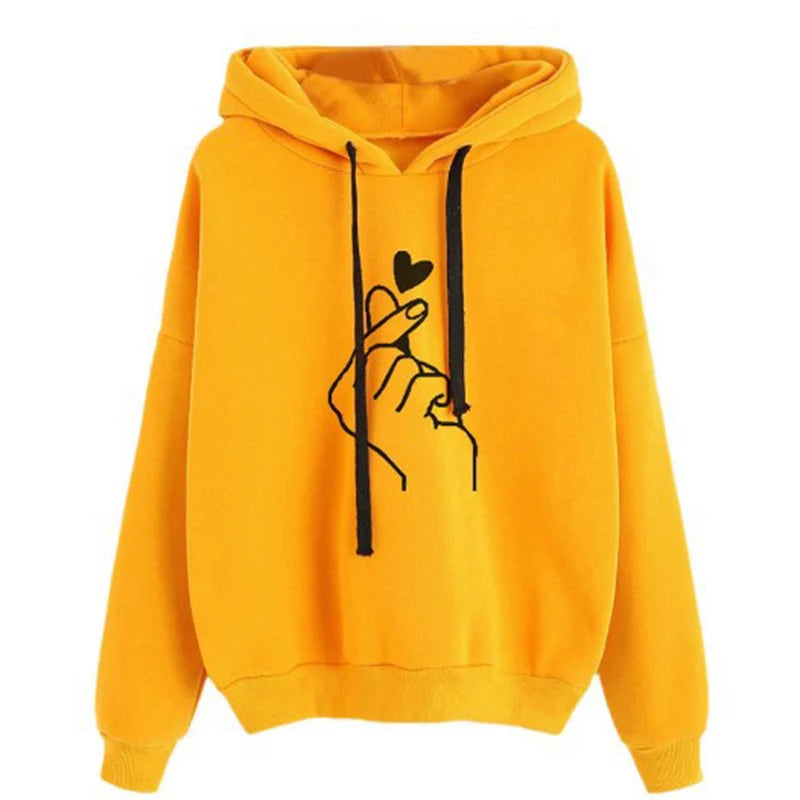 Autumn Fleece Hoodie Solid Color Finger Heart Hooded Korean Fashion Sweatshirts Long Sleeve Top Drawstring Pockets Loose Hoodies NovaCart