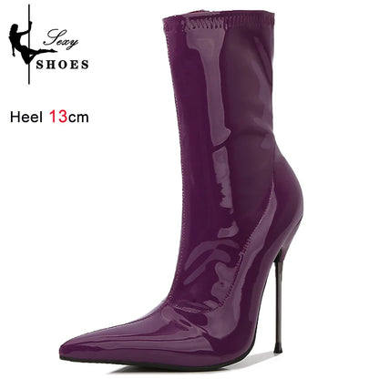 Knee-High Pointy Toe Women Boots 13cm Ultra Thin Steel High Heels Metal Heel Patent Leather Wide Calf Boots for Women Plus Size NovaCart