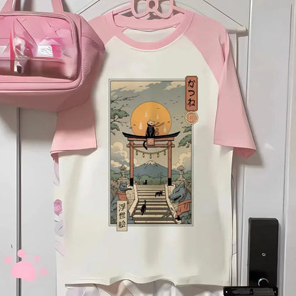 Aesthetics Japanese Grunge T-shirt Y2k Harajuku Anime Cartoon Cat Tops Tees Short Sleeve Women Kawaii Clothing Streetwear NovaCart